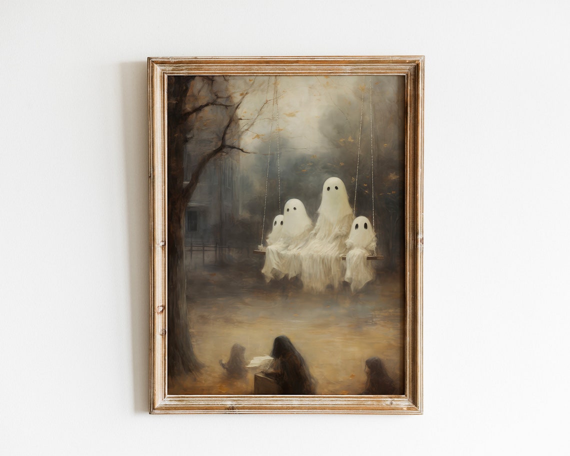 Family Ghost On The Swing Print Sheeted Ghosts Art Print Cute Ghost Face Spooky Gothic Dark Academia Room Decor Hallowen