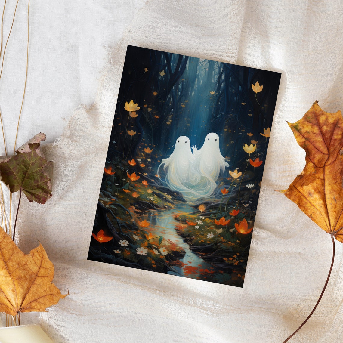 Two Friendly Ghosts In A Blue Flower Forest Halloween Poster - Image 4
