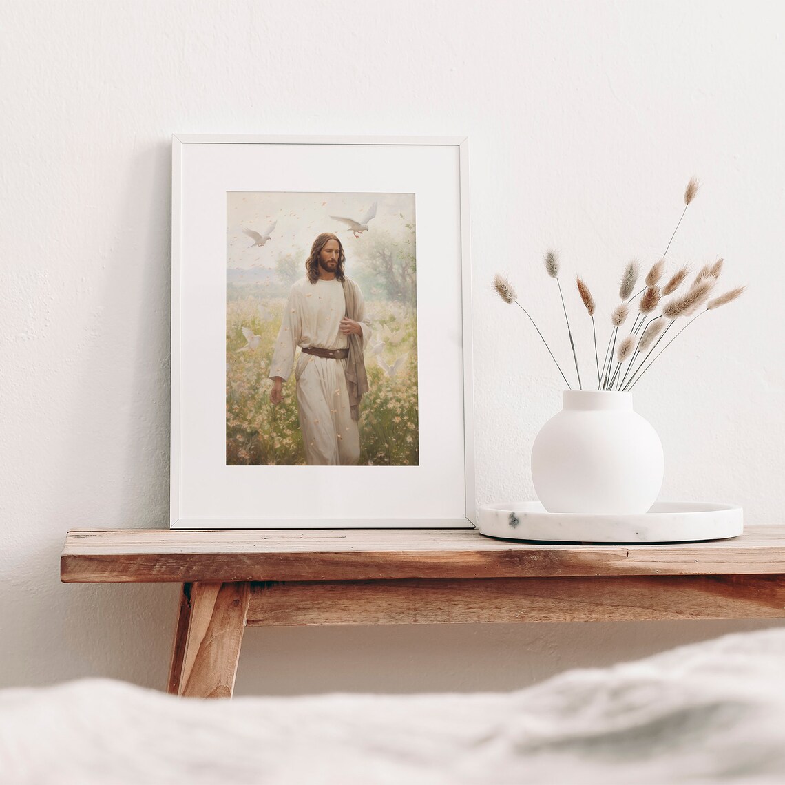 Jesus Christ Walking In Wildflower Meadow With Doves Inspirational Art Poster - Image 4