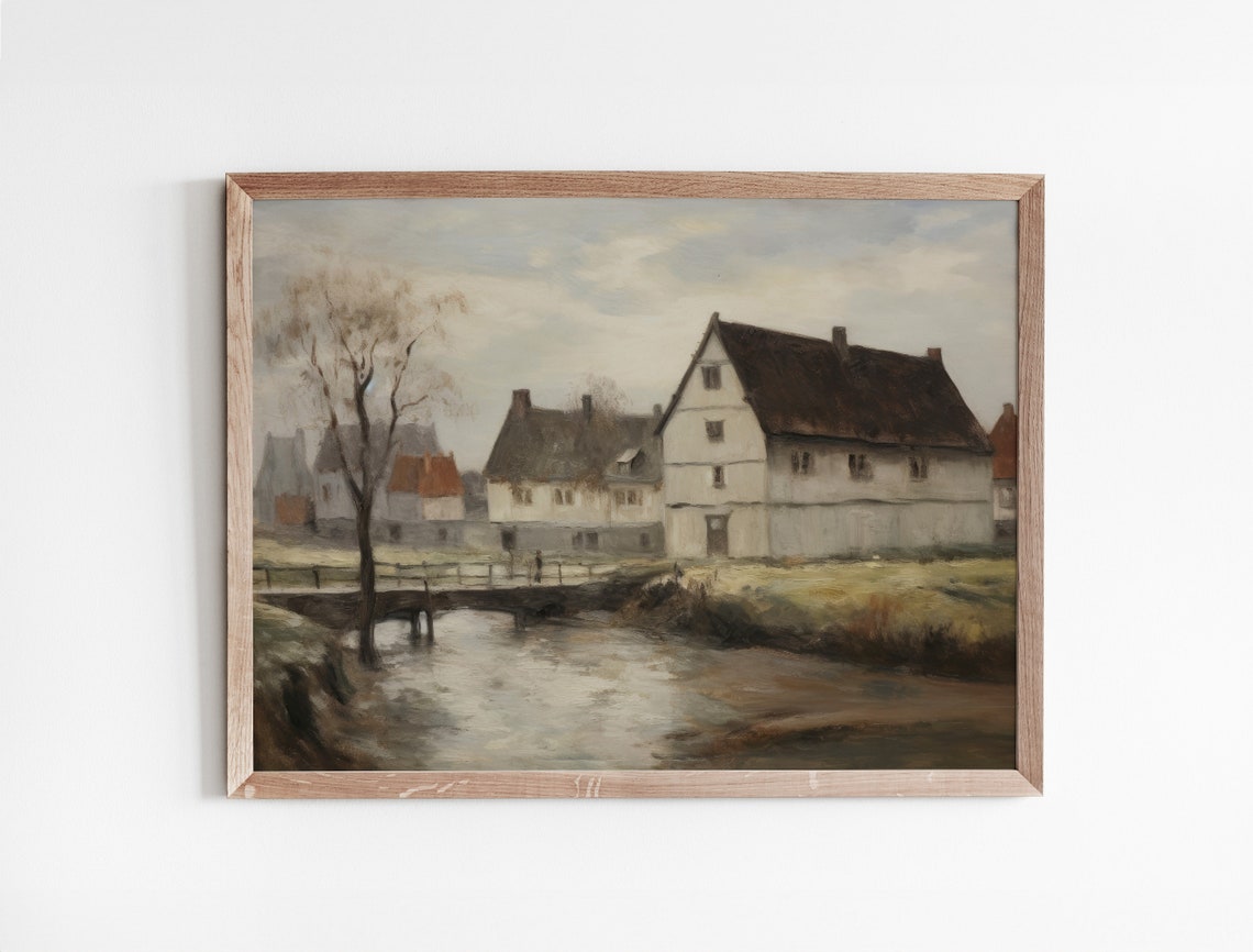 European Village Houses by a Quiet Canal Rustic Vintage Oil Art Poster - Image 3