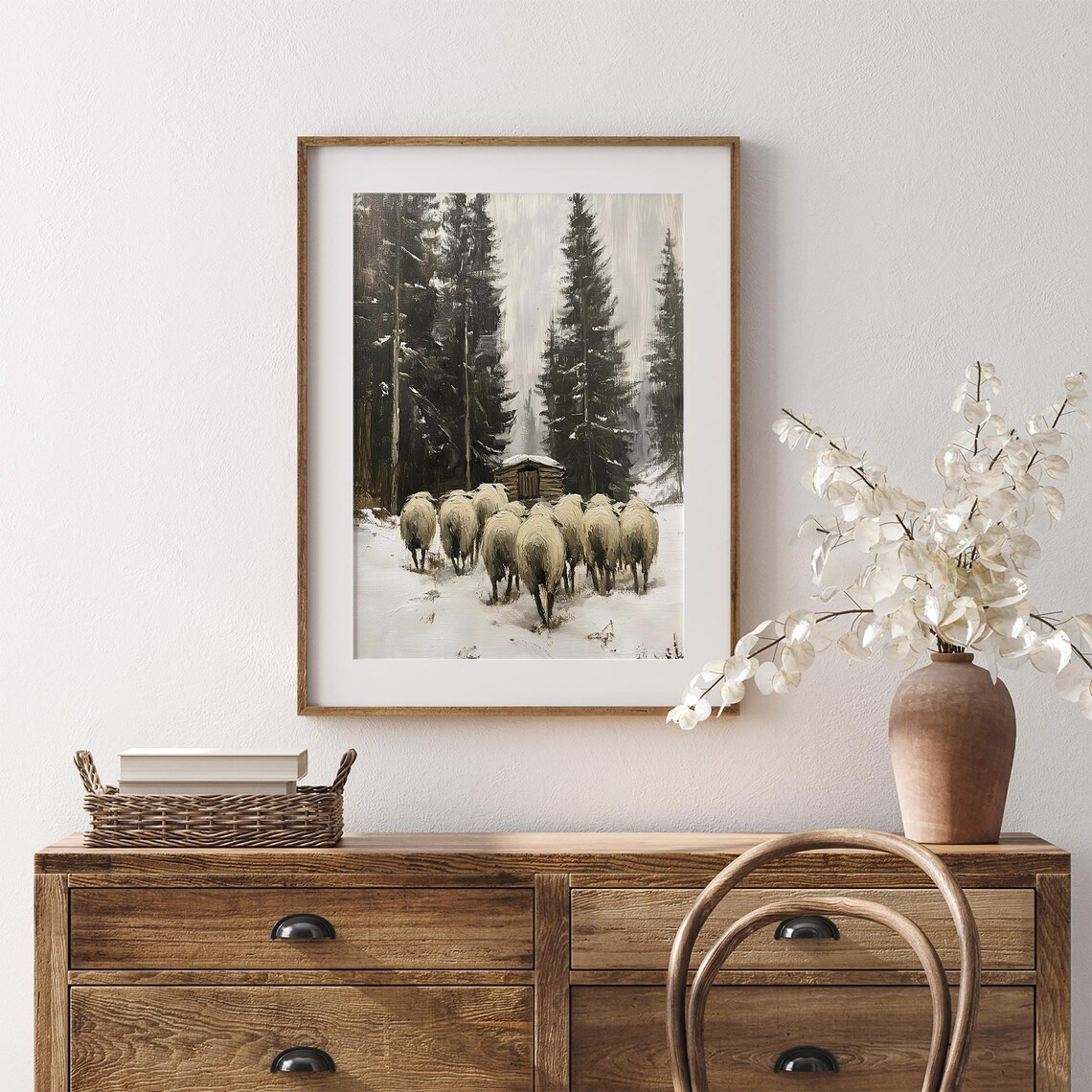 Sheep Flock In Snowy Pine Woods Vintage Winter Rustic Farmhouse Art Poster - Image 7
