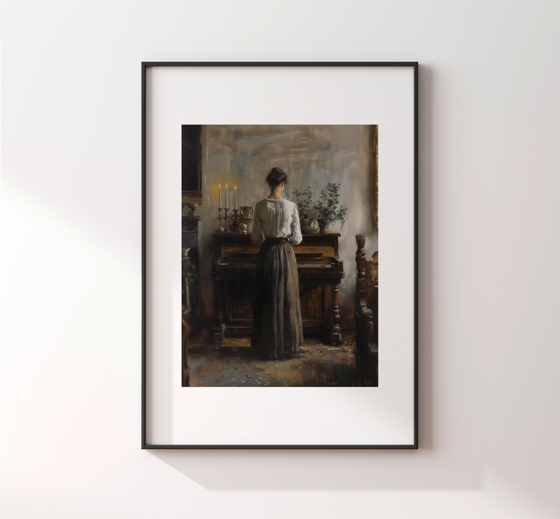 Woman At Candlelit Piano Moody Vintage Oil Painting Music Room Art Poster - Image 6