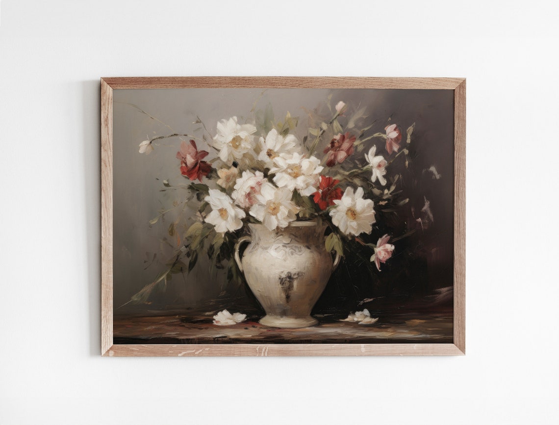 Moody Flower Painting Vintage Floral Wall Art Antique Art Print Farmhouse Wall Art Moody Botanical Oil Painting Wall Art - Image 3