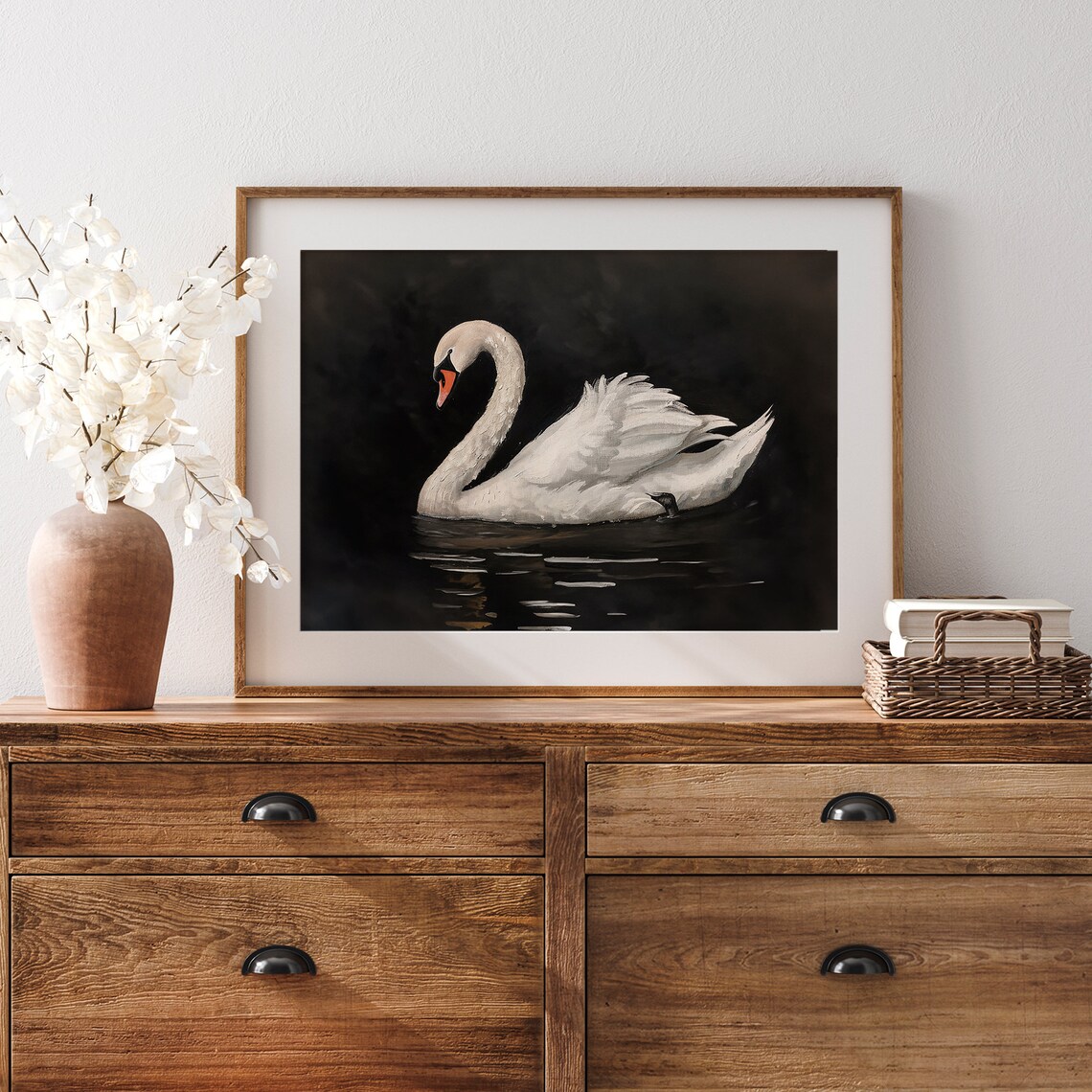 White Swan on Dark Water Dramatic Vintage Oil Painting Bird Poster - Image 3
