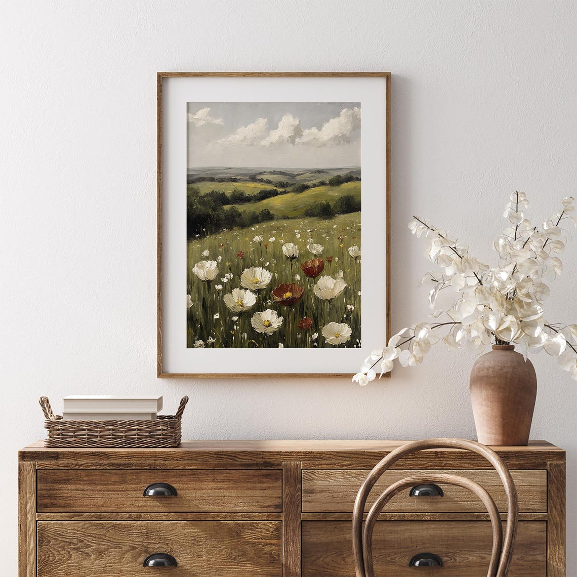 White And Red Poppies Over Rolling Green Hills Vintage Field Poster - Image 7