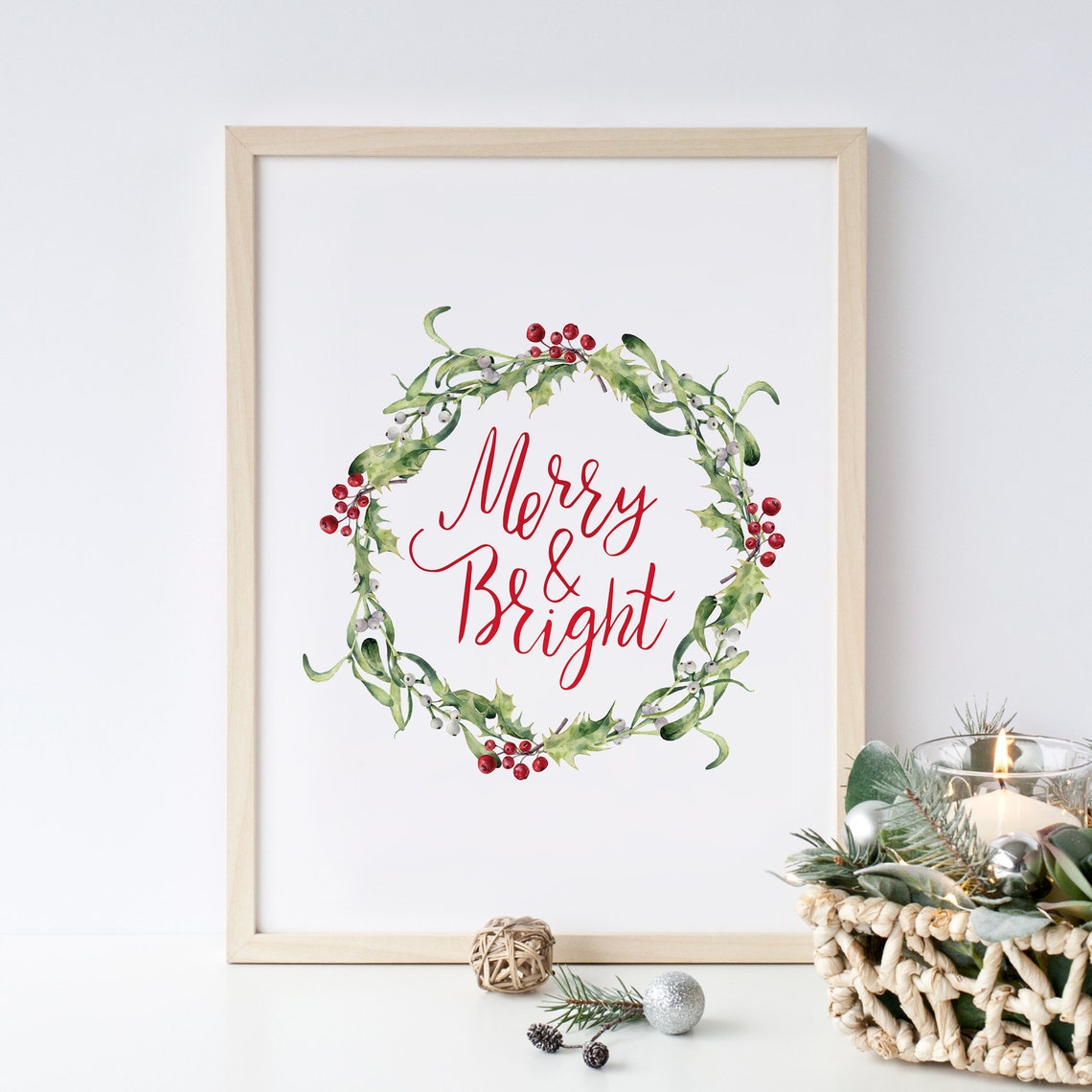 Merry and Bright Holly Wreath Red Script Watercolor Holiday Poster