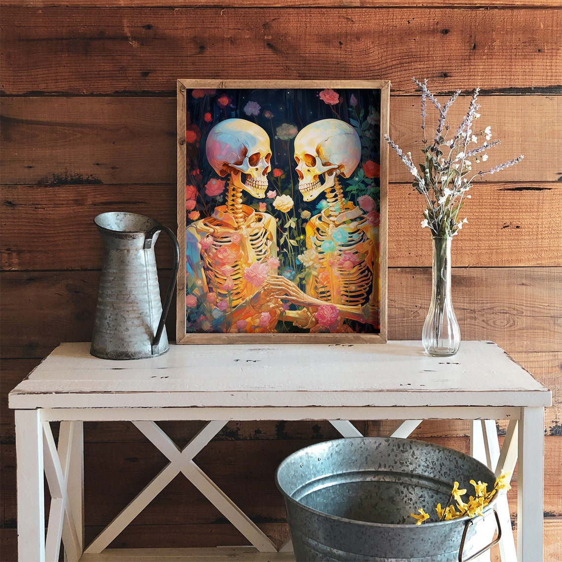 Skeleton Couple Holding Hands In Flower Garden Halloween Poster - Image 3