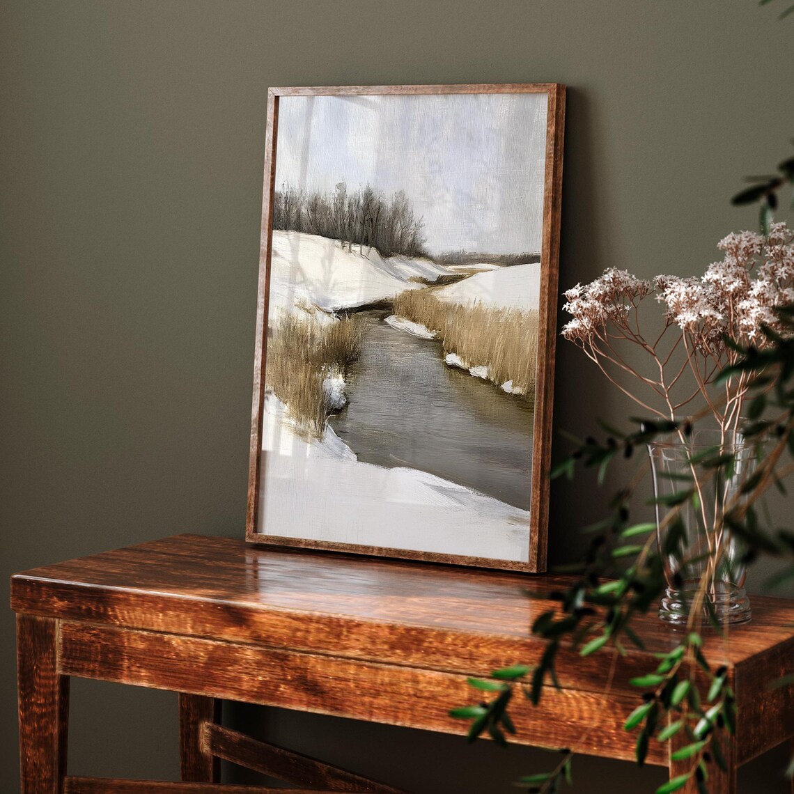 Winter Creek Through Snow With Reeds Muted Vintage Landscape Painting Poster - Image 6