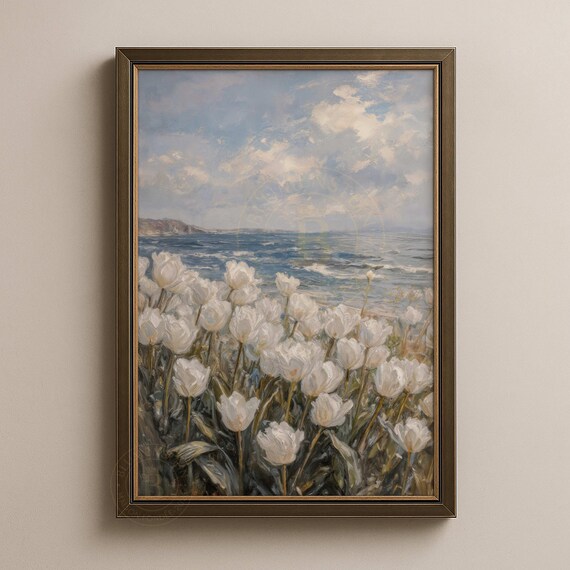 Coastal White Tulips Seascape Impressionist Ocean Wall Poster