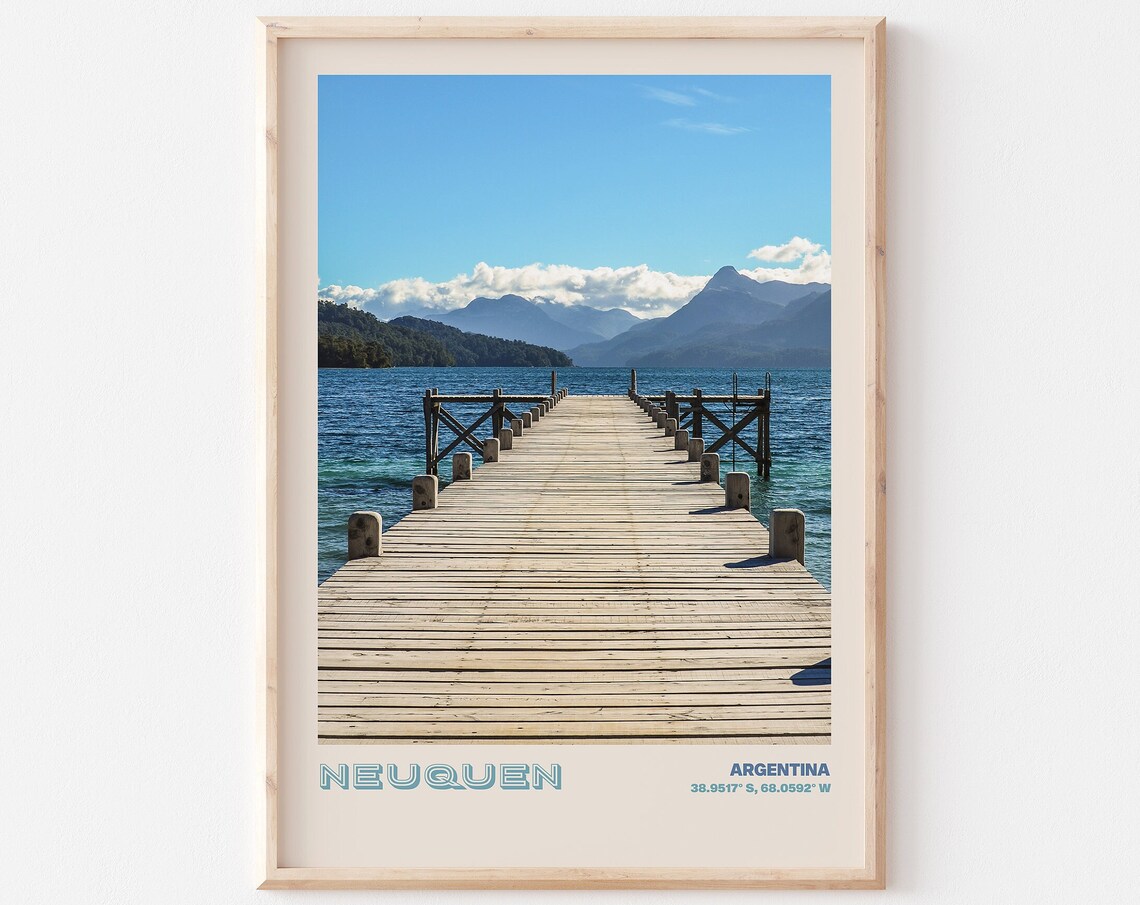 Neuquen Argentina Long Wooden Pier Lake Mountain Vista Poster