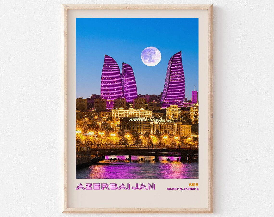 Azerbaijan Asia Baku Flame Towers Night Moon Skyline View Poster