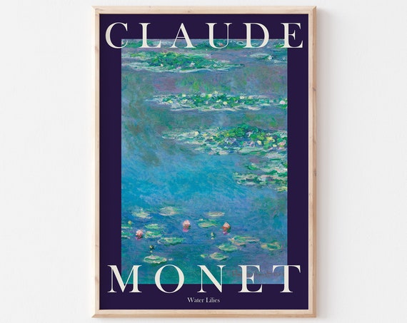 Claude Monet Art Print Modern Vintage Poster Exhibition Wall Art Monet Wall Art Vintage Wall Art Water Lilies Navy Blue