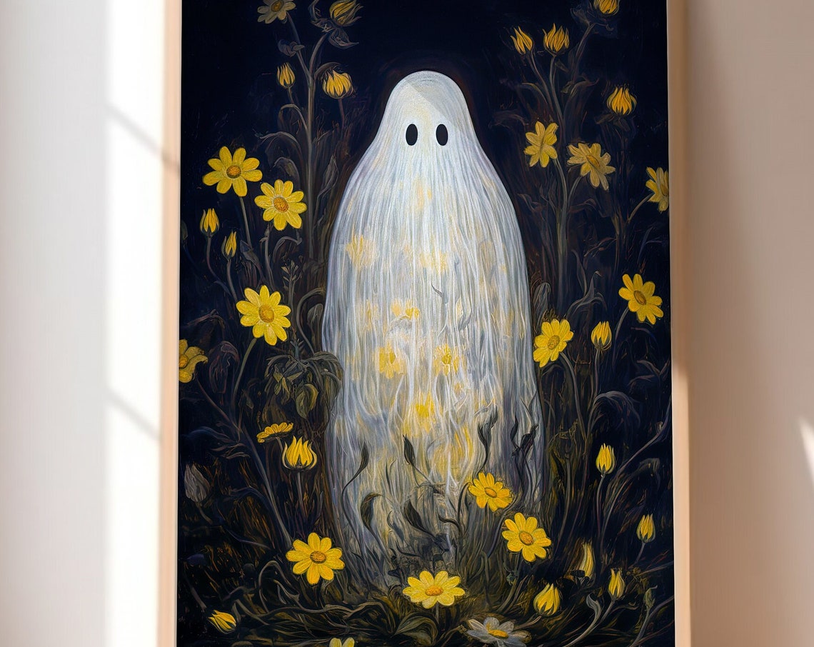 Cute Ghost Night Garden Yellow Wildflowers Halloween Art Poster