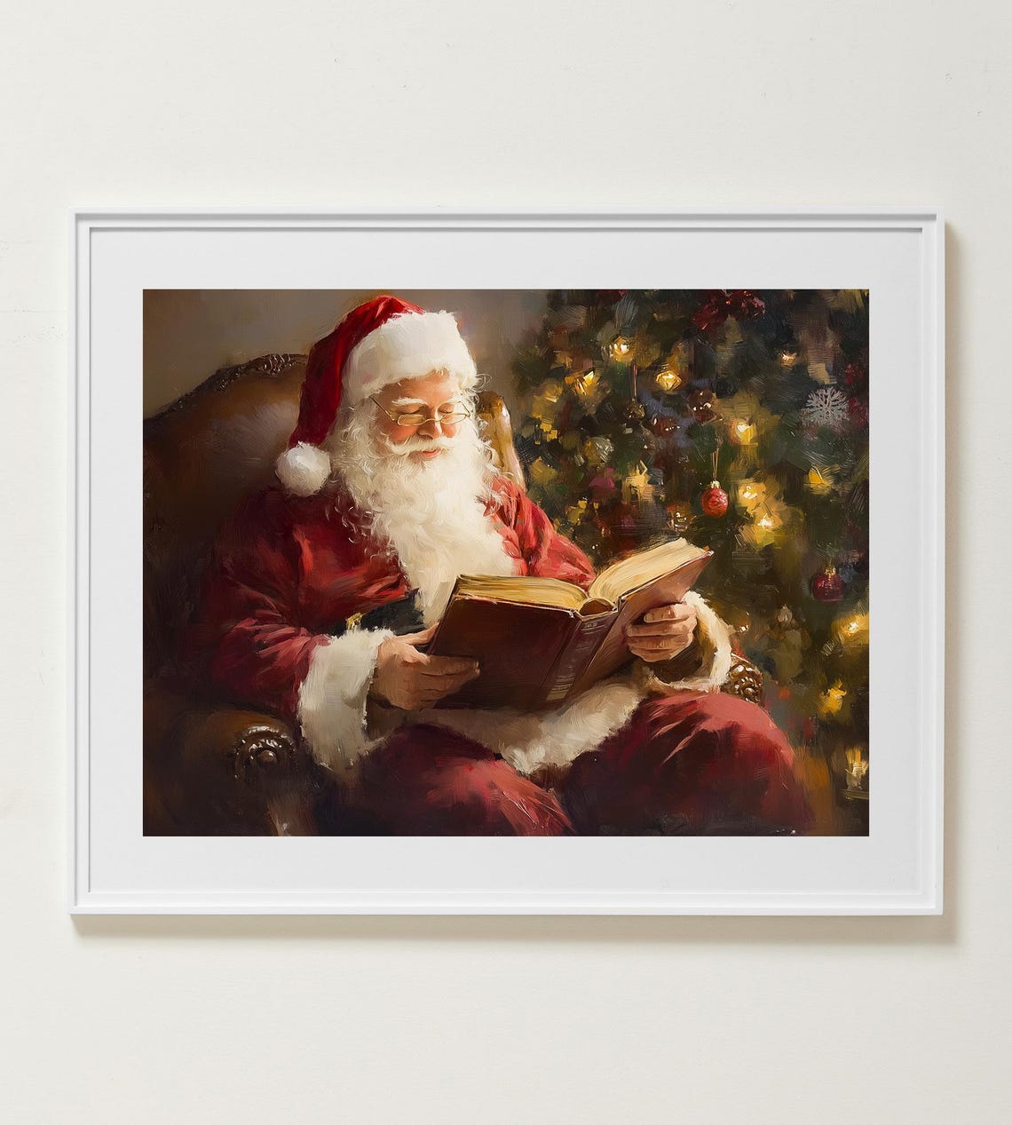 Santa Claus Reading a Book by the Christmas Tree Cozy Night Poster