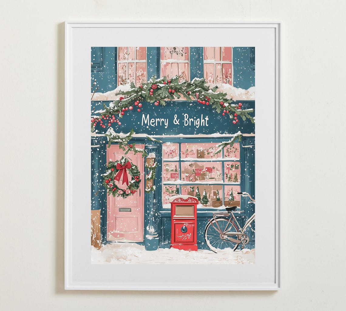Merry and Bright Christmas Shop Storefront Snow Scene Poster