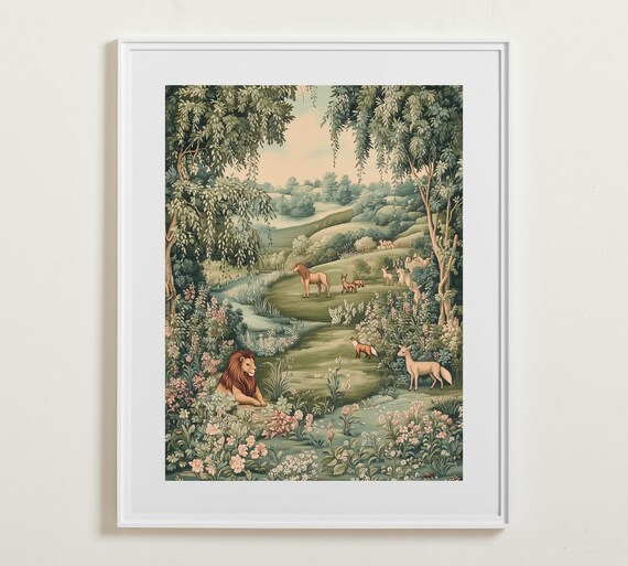 William Morris Style Forest With Lion Deer Fox And Horses Poster