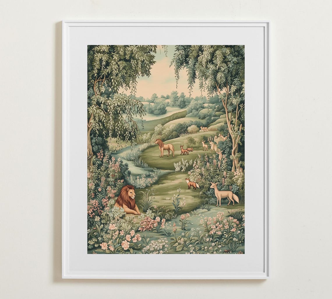 William Morris Style Forest With Lion Deer Fox And Horses Poster