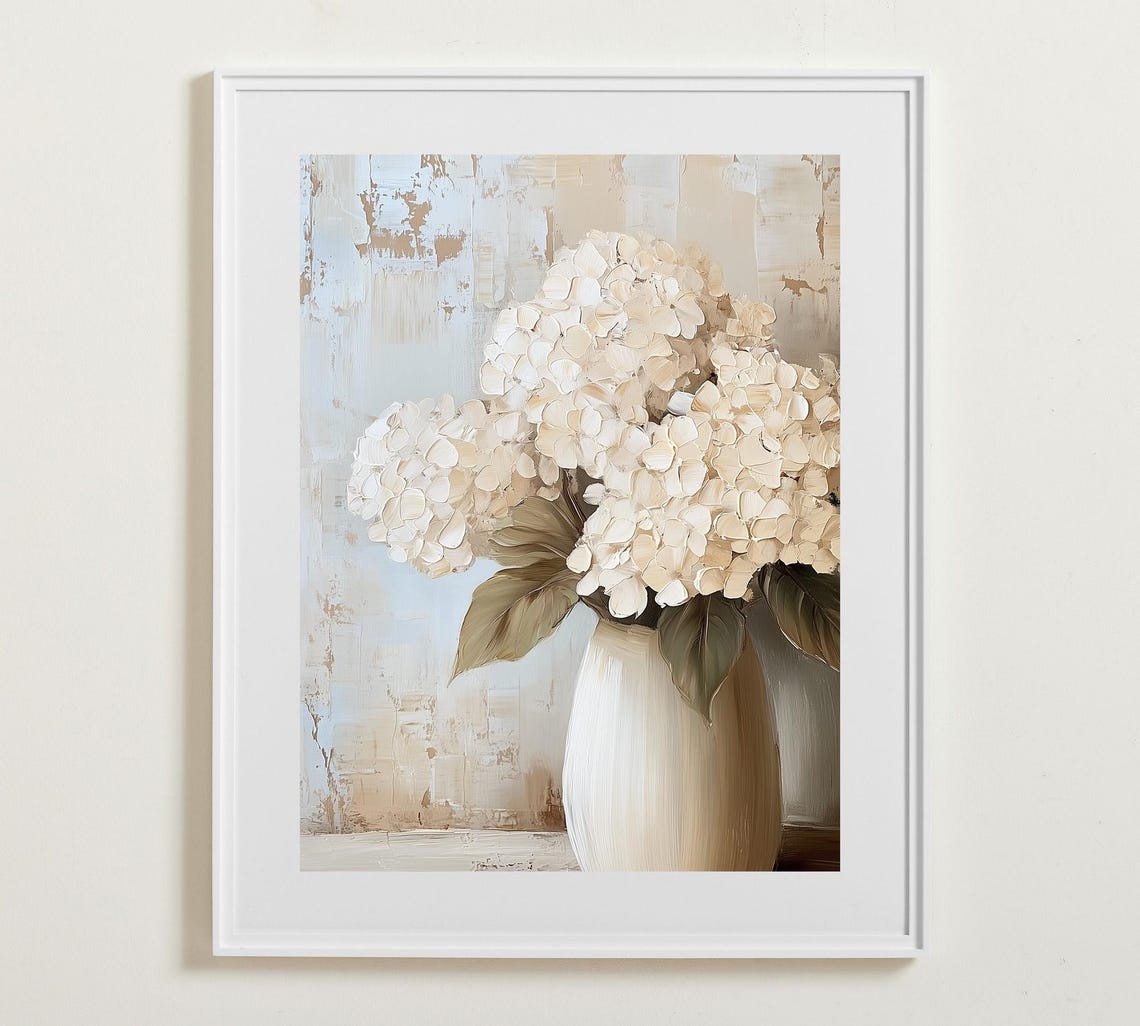 White Hydrangea Bouquet In A Beige Vase Neutral Floral Poster