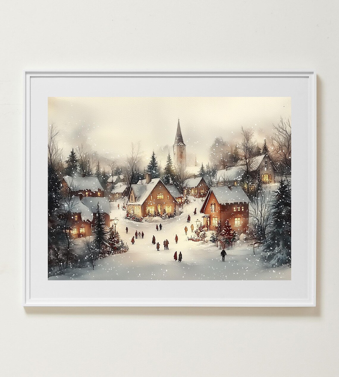 Snowy Village with Church at Christmas Watercolor Winter Scene Poster