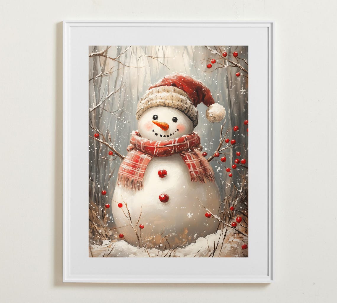 Cute Snowman with Red Hat and Scarf Among Winter Berries Poster
