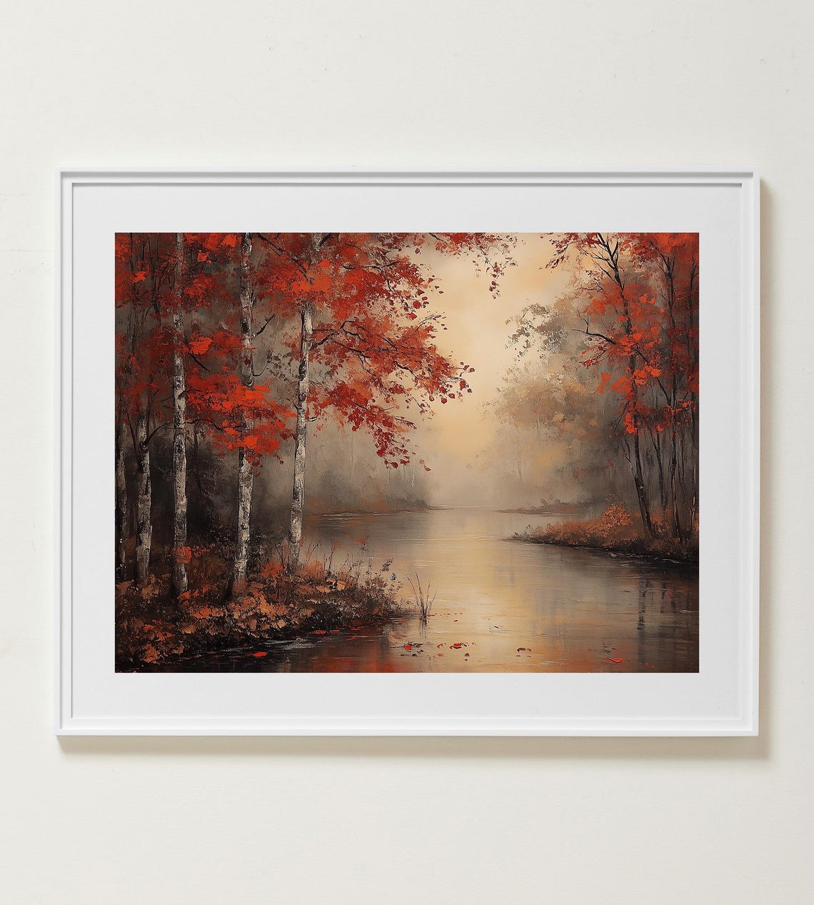 Misty Lake With Red Birch Trees Foggy Fall Morning Landscape Poster