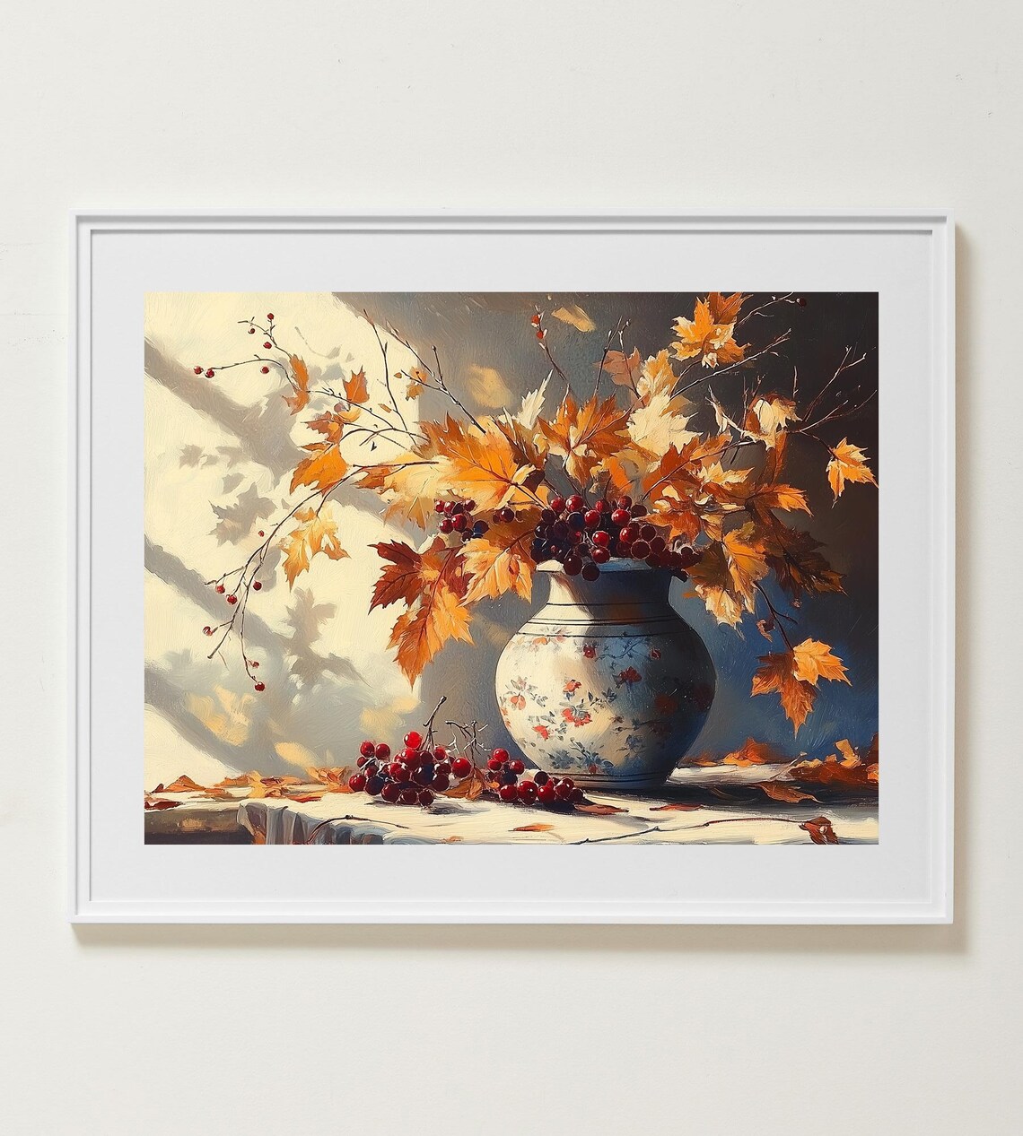 Autumn Leaves Vase Still Life Red Berries Golden Maple Window Light Art Poster
