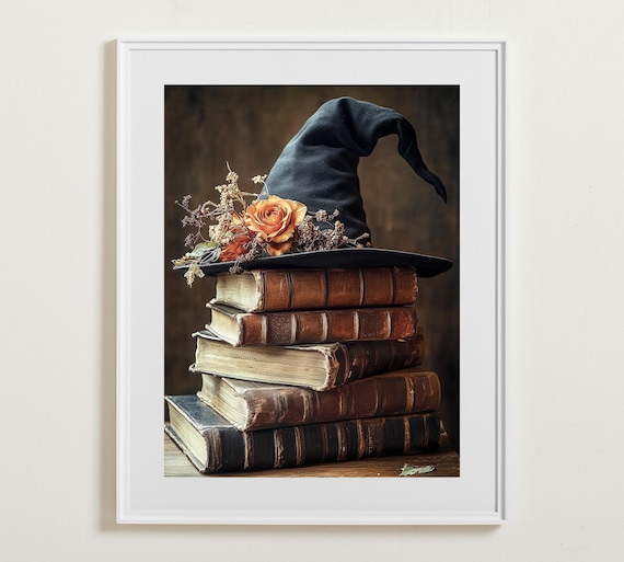 Witch Hat Antique Books Orange Rose Dark Academia Spooky Still Life Poster