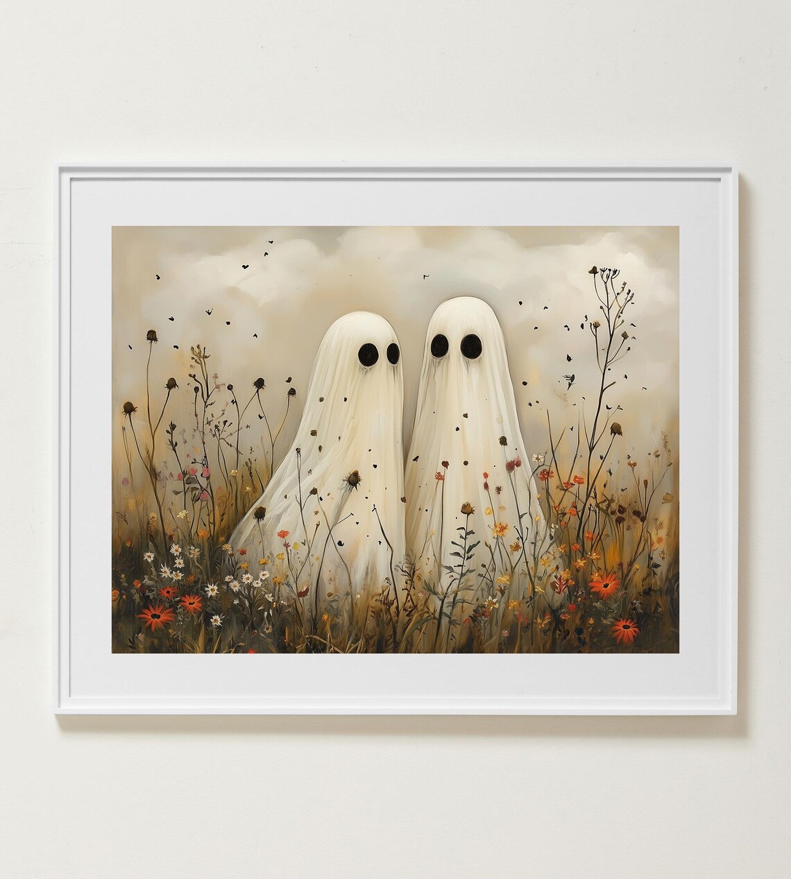 Two Cute Ghosts Autumn Wildflowers Whimsical Fall Halloween Meadow Art Poster