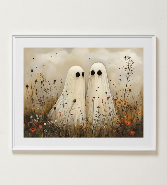Two Cute Ghosts Autumn Wildflowers Whimsical Fall Halloween Meadow Art Poster
