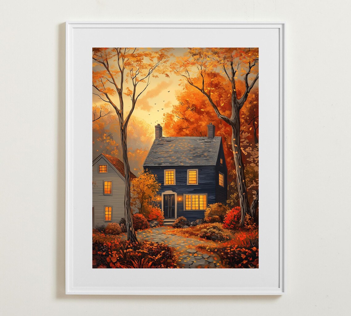 Cozy Autumn Cottage Glowing Windows Golden Forest Thanksgiving Home Poster