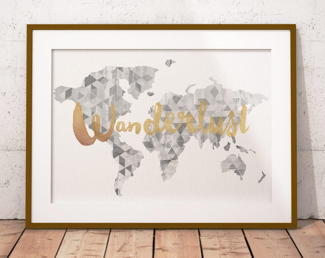 Wanderlust Gold Script Geometric World Map Gray Minimal Art Poster