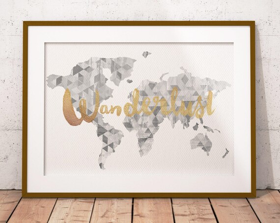 Golden Wanderlust World Map Geometric Print Skyline Art Print Poster Modern Wall Art New Home Housewarming Gift