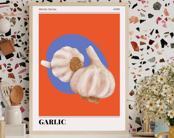 Garlic Vegetable Print Retro Wall Art Farmers Market Poster Retro Vegan And Vegetarian Posters Midcentury Modern Decor