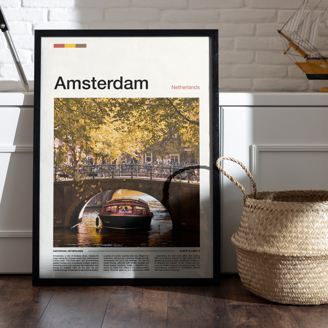 Amsterdam Netherlands Canal Bridge Boat Autumn Golden Leaves Poster - Image 4
