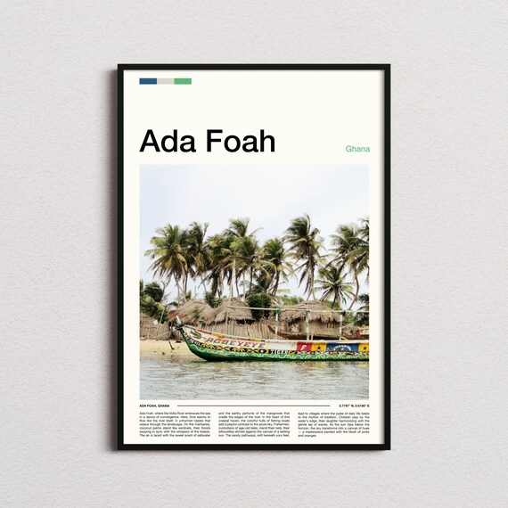 Ada Foah Ghana Painted Boat Palms Thatched Huts Shore Poster
