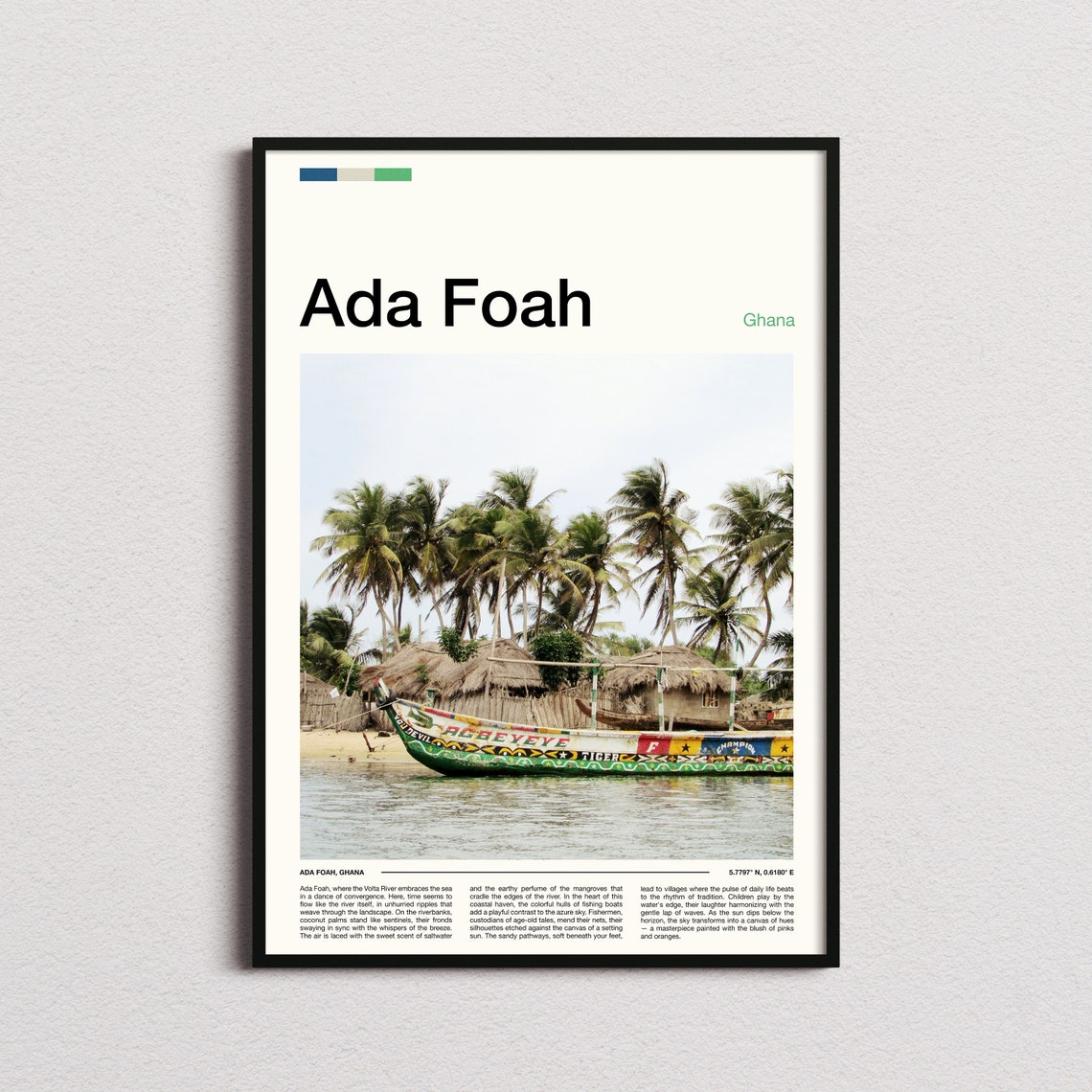 Ada Foah Ghana Painted Boat Palms Thatched Huts Shore Poster