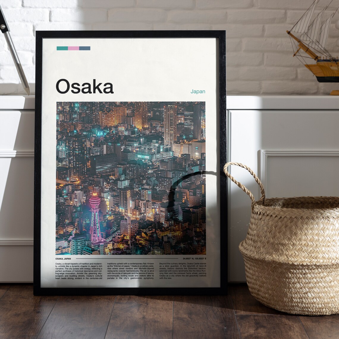 Osaka Japan Night Aerial Cityscape Lit Tsutenkaku Tower Poster - Image 5