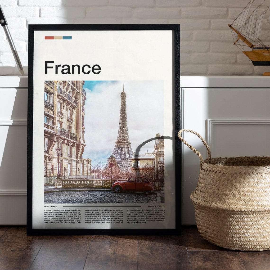 France Paris Eiffel Tower Vintage Red Car Cobblestone Street Poster - Image 5