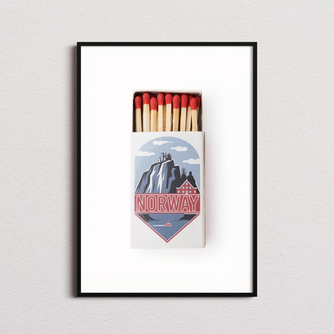 Norway Fjord Scene Matchbox Style Art with Mountain Castle Poster