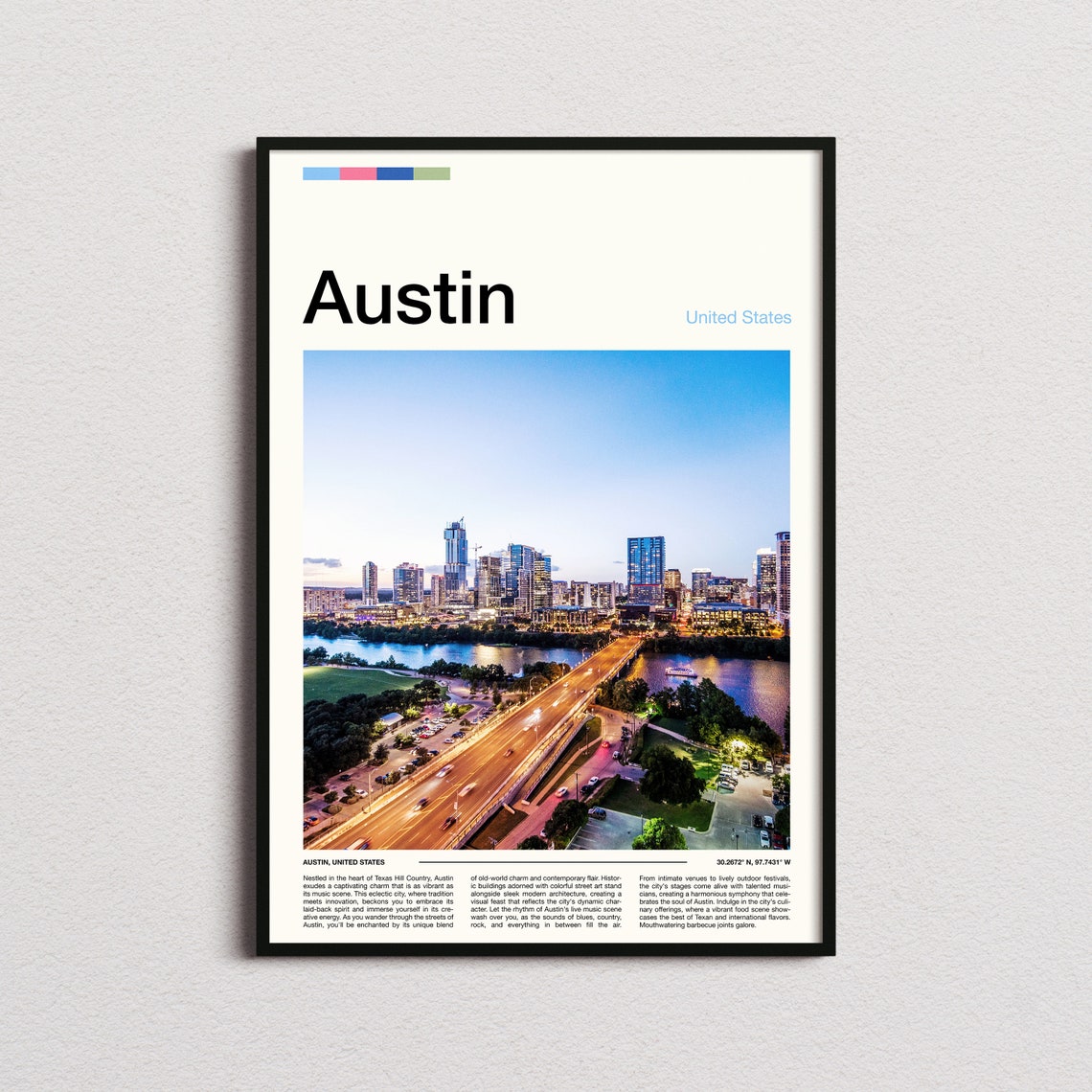 Austin Texas Dusk Skyline Bridge Cityscape Minimalist Travel Poster