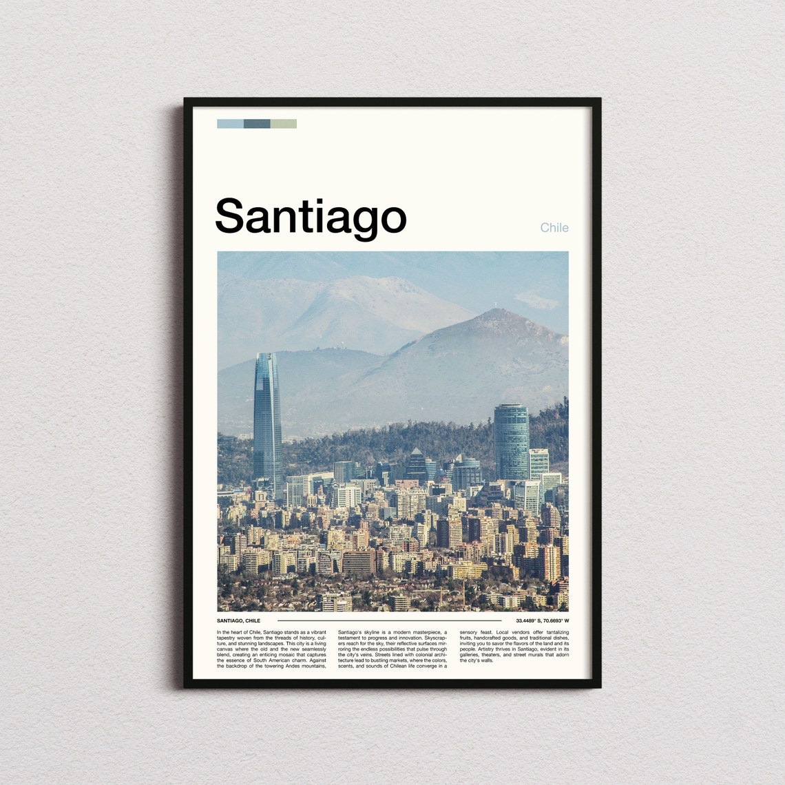 Santiago Chile Skyline Gran Torre Andes Mountains Travel Poster
