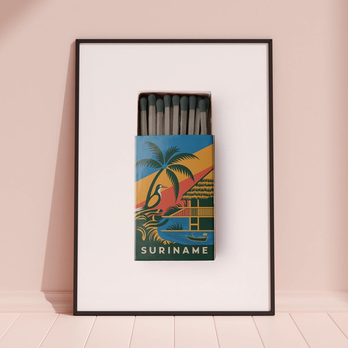 Suriname Matchbox Tropical Palm Hut Vintage Travel Art Poster - Image 3