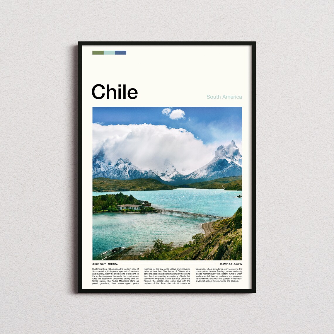 Chile Patagonia Snow Capped Peaks Turquoise Lake Travel Poster