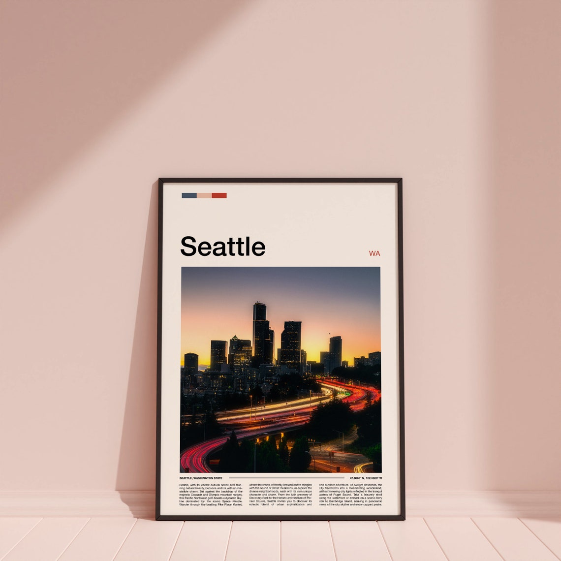 Seattle Washington Sunset Skyline With Freeway Light Trails Poster - Image 4