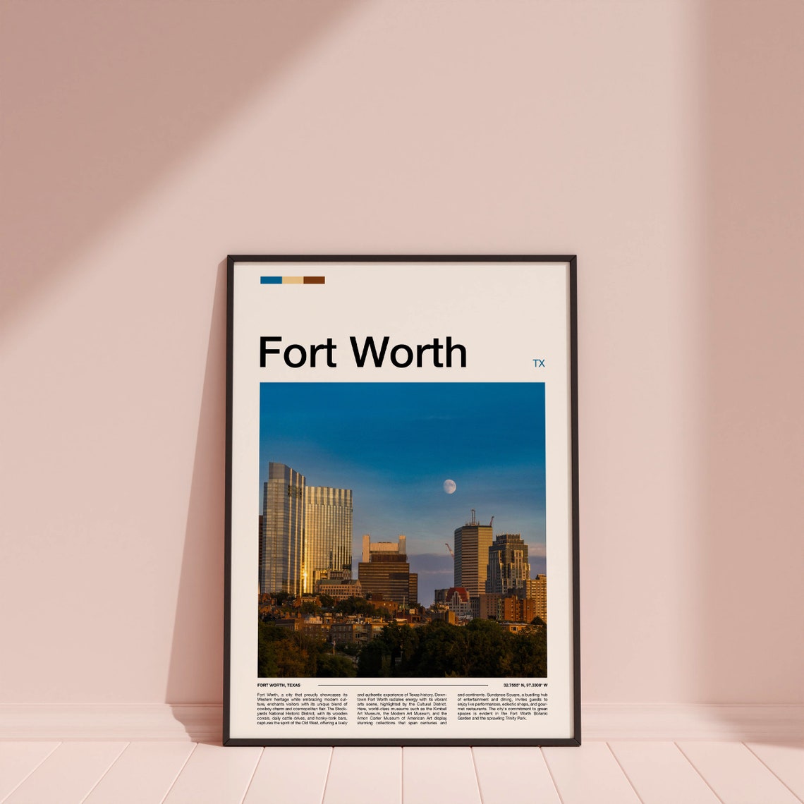 Fort Worth Texas Downtown City Skyline Dusk Moonrise Travel Poster - Image 4