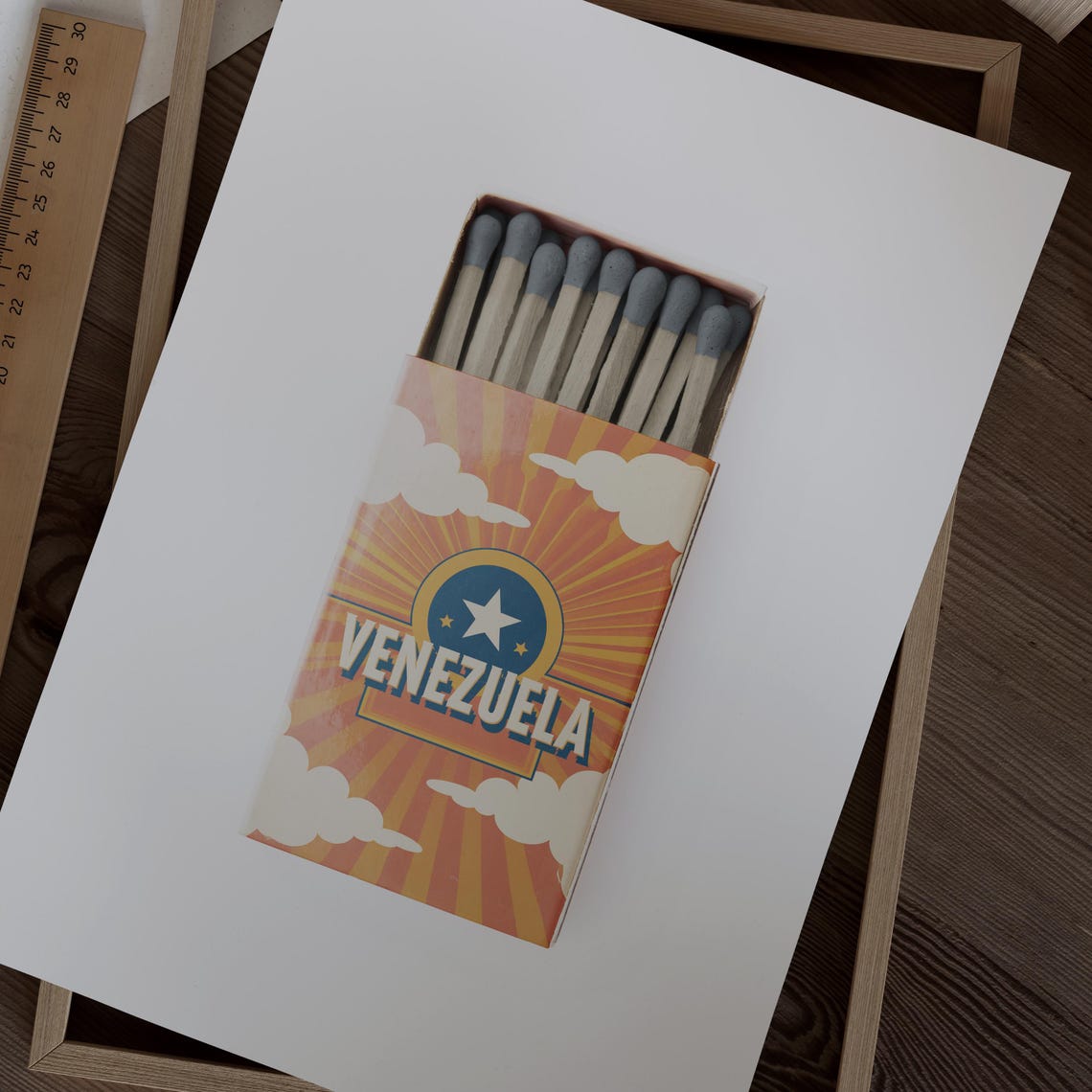 Venezuela Sunburst Star Matchbox Style Art with Retro Clouds Poster - Image 2