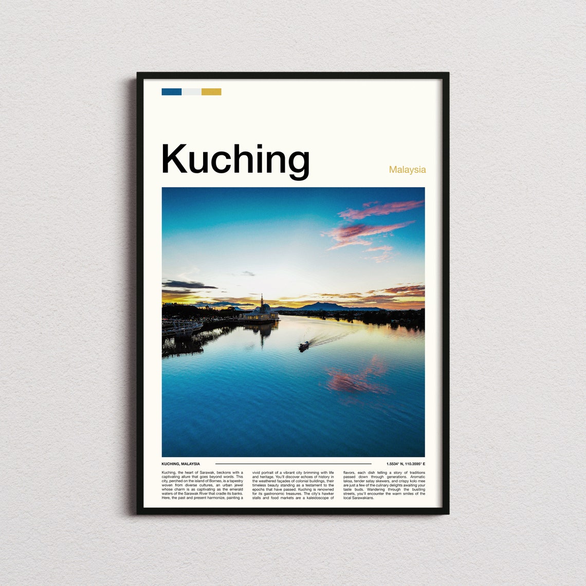Kuching Malaysia Waterfront Dusk Boat River Reflection Poster