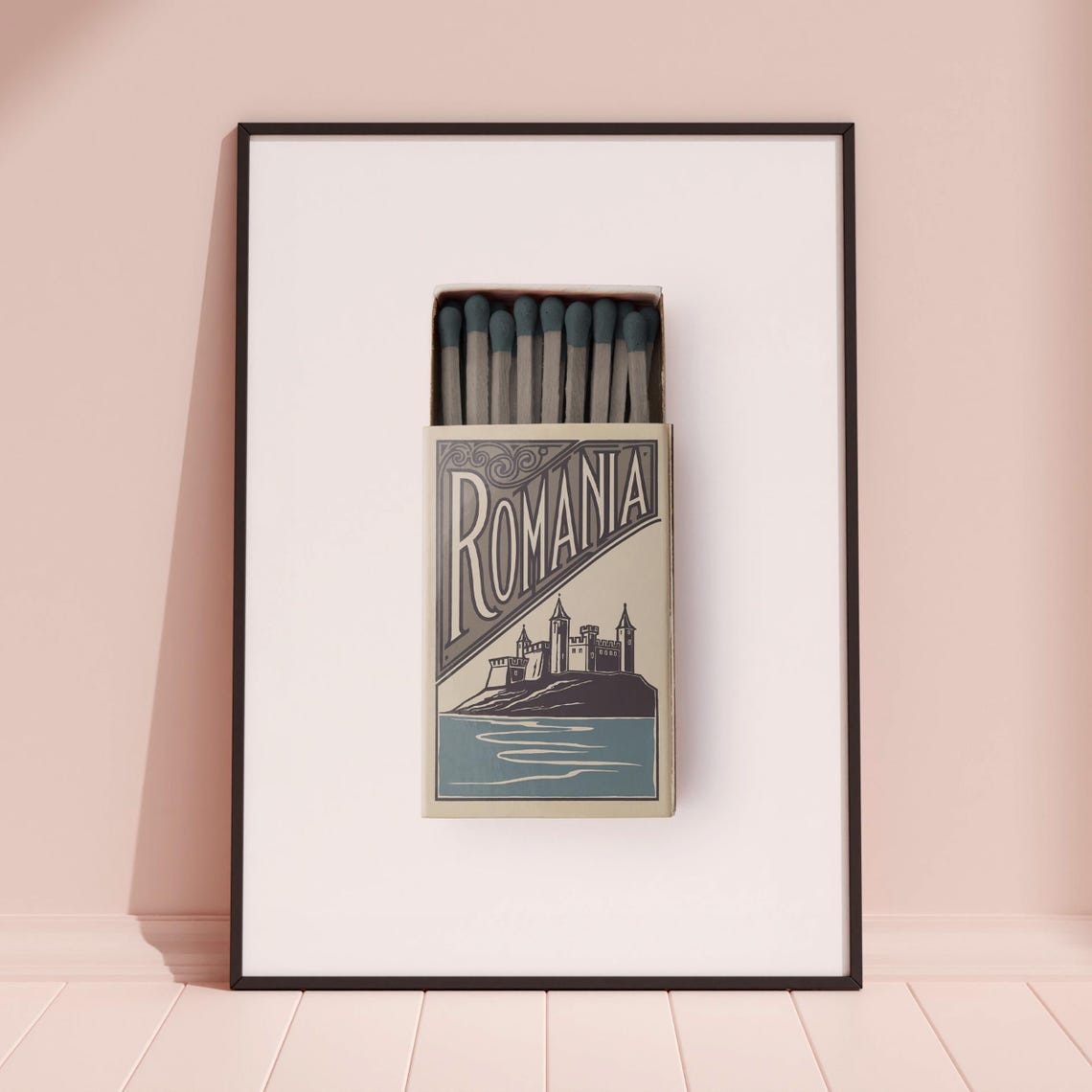 Romania Vintage Matchbox Style Art with Castle by the Water Poster - Image 3