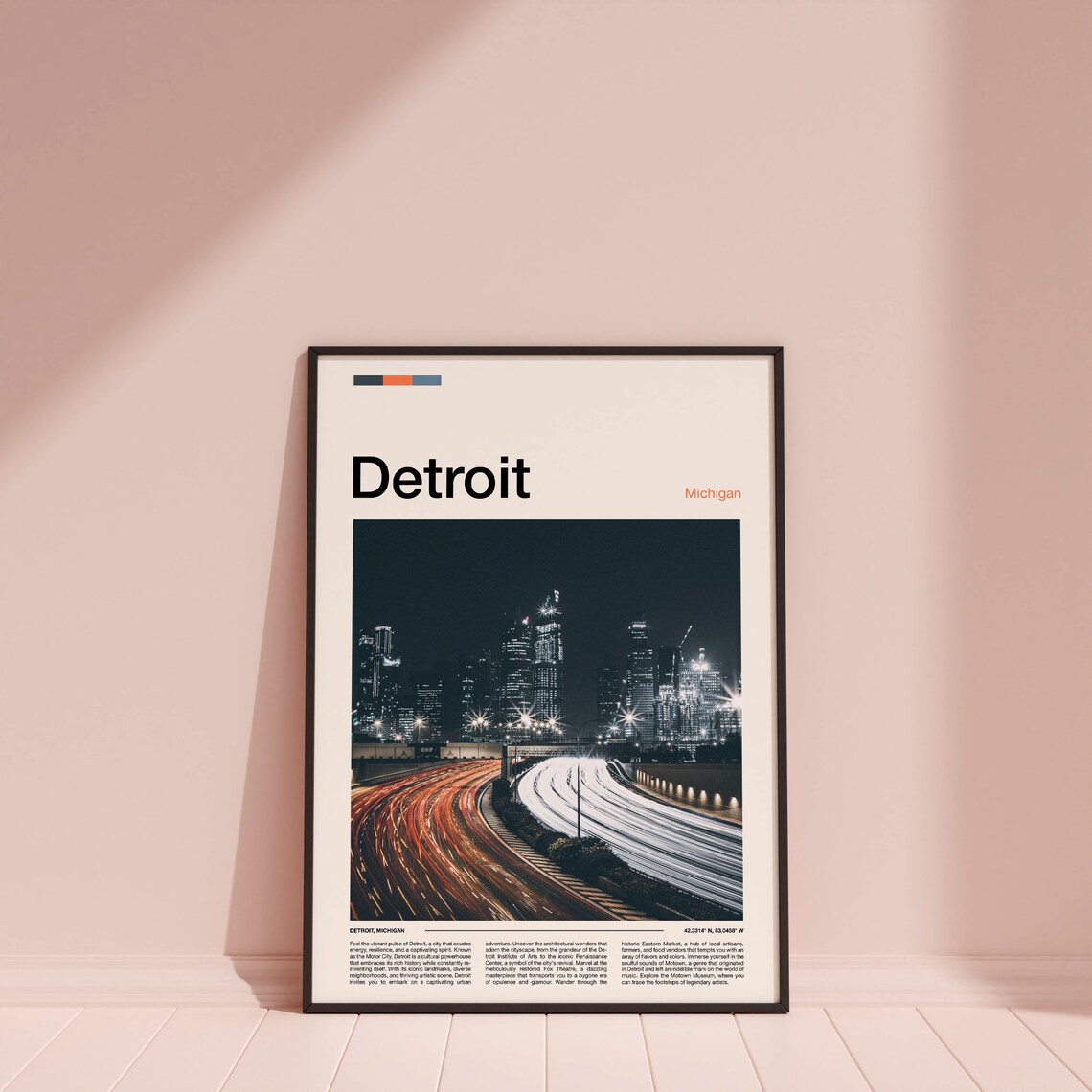 Detroit Michigan Night Skyline Highway Light Trails City Travel Poster - Image 3