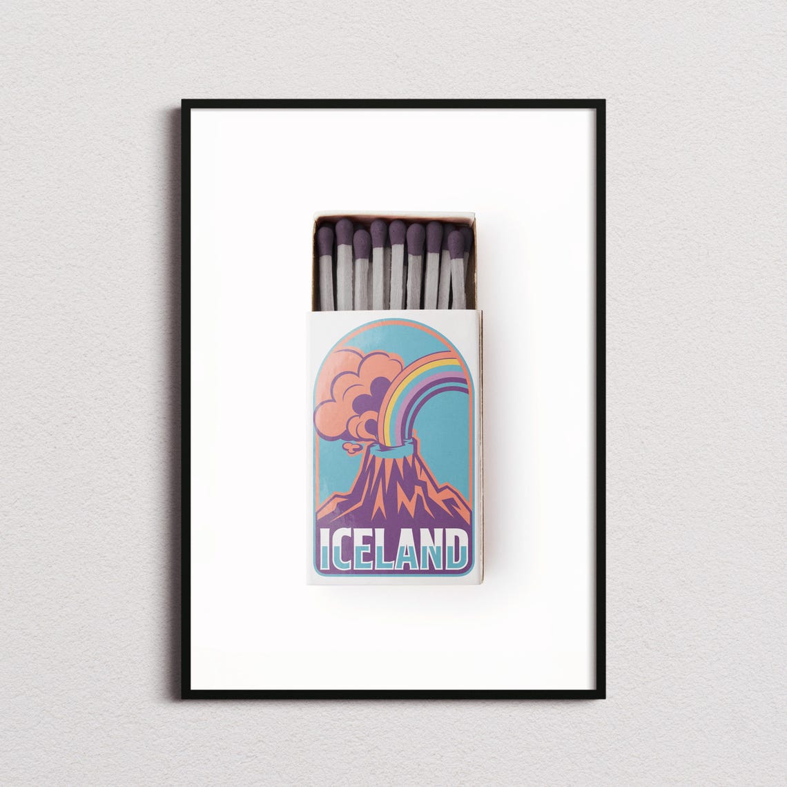 Iceland Volcano Rainbow Eruption Retro Sunset Style Travel Poster